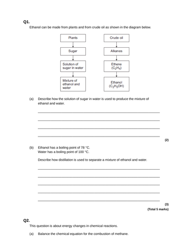 GCSE AQA  Chemistry Organic Revision Worksheets HT 2