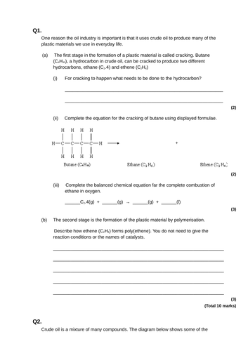 GCSE AQA Chemistry Organic  Revision Worksheets HT 1