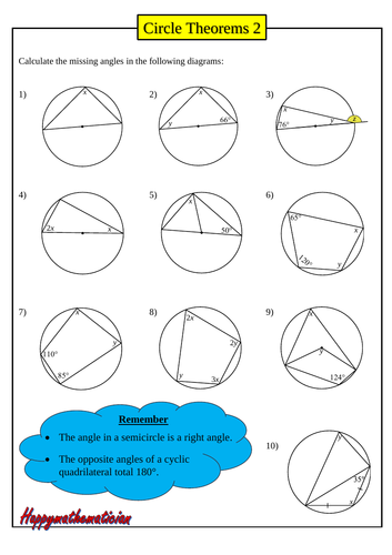 Angles in a Circle - around 100 Questions on 8 worksheets with answers