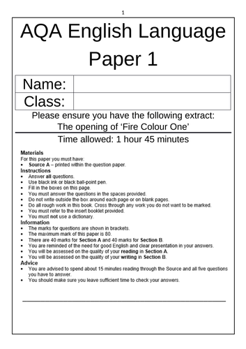 AQA English Language Paper 1 WITH INDICATIVE CONTENT: 'Fire Colour One ...