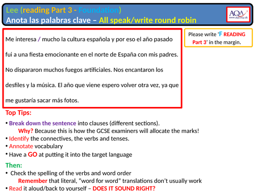 AQA GCSE Spanish - Reading Section C - SP-ENG translation (Foundation) answer strategy