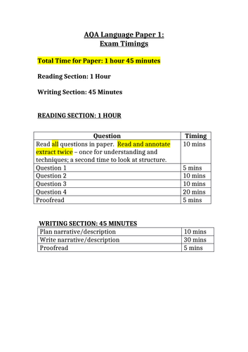 Timings For Aqa Language Papers 1 2 Teaching Resources