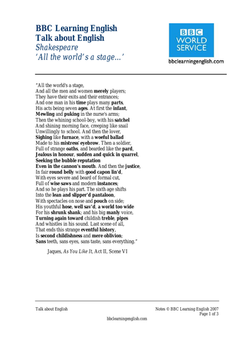 All The World's A Stage - One Off Shakespeare Lesson | Teaching Resources