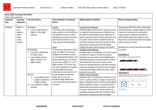 Place Value LK2 Maths Planning Wk 1