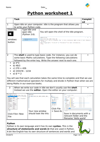 Python Worksheet#1 - Getting started | Teaching Resources