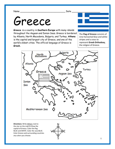 GREECE - Introductory Geography Worksheet with map and flag | Teaching