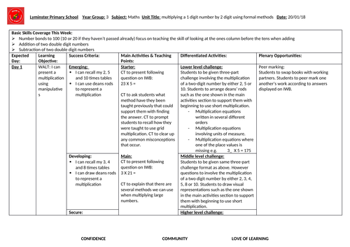 multiplying 1 and 2 digit numbers LKS2 Maths weeks planning and ...
