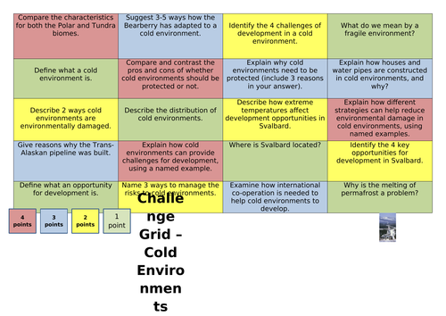 AQA Geography Cold Environments Revision Grid