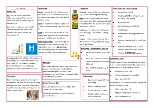 FATS AND OILS REVISION AID/KNOWLEDGE ORGANISER
