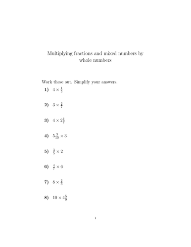 Multiplying fractions and mixed numbers by whole numbers worksheet ...