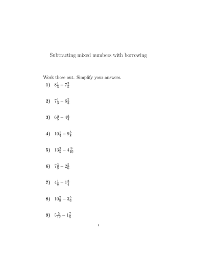 Subtracting Mixed Numbers With Borrowing Worksheet with Solutions Teaching Resources