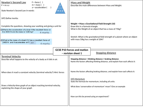 Gcse 9 1 Physics Forces And Motion Revision Mats P8 10 With Answers Teaching Resources 8604