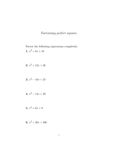 Factorising perfect squares worksheet (with solutions) | Teaching Resources