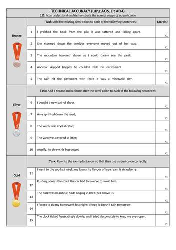 Technical Accuracy - Semi-Colons | Teaching Resources