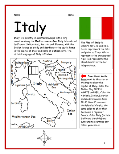 Italy Introductory Geography Worksheet Teaching Resources