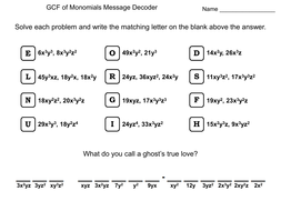 Greatest Common Factor GCF of Monomials Worksheet: Math Message Decoder