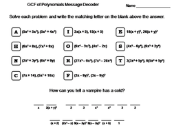 Greatest Common Factor Gcf Of Polynomials Worksheet Math Message Decoder Teaching Resources