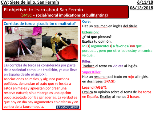 GCSE Spanish- 6 Starters -Cultural/SMSC (differentiated -5 levels)-Speaking, Reading, Writing skills