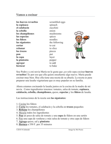 Vamos a cocinar Lectura - Spanish Reading on Cooking (Informal Commands)