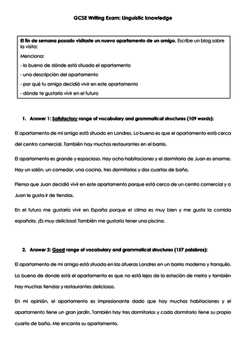 GCSE Spanish writing model answers house and local area: three differentiated model answers