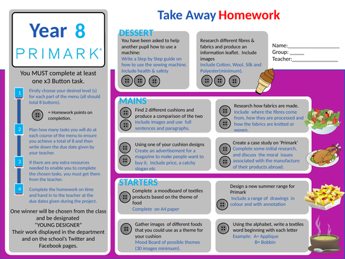 textiles differentiated homework sheet ks3 teaching resources