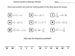Solving Radical Equations Worksheet Math Message Decoder By