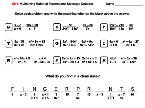 Multiplying Rational Expressions Worksheet: Math Message Decoder