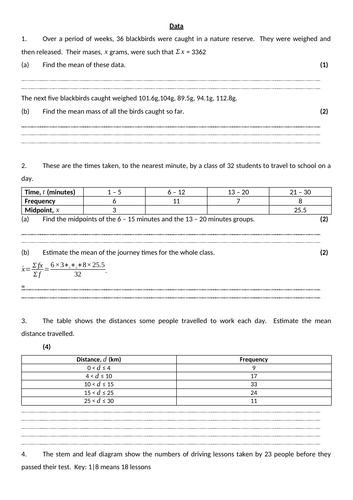 Statistics Revision Worksheets 