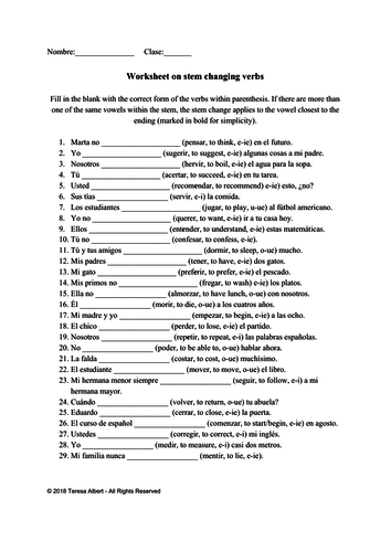 Spanish Stem Changing Verbs Conjugation No Prep Worksheet Teaching 