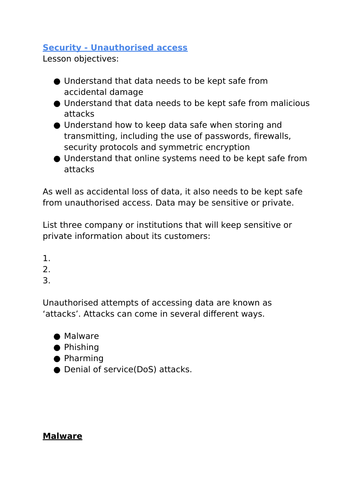 IGCSE computer science security unit worksheets