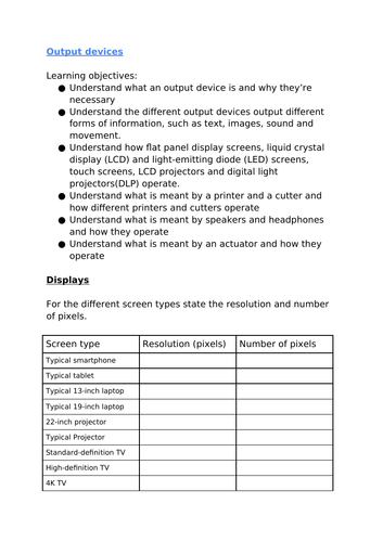 IGCSE output devices worksheet