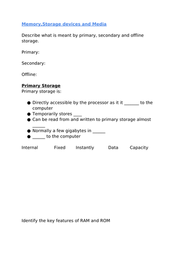 IGCSE Computer science memory, storage and media worksheet