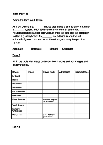 igcse computer science input devices worksheet teaching