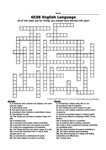 GCSE English Language Crosswords Teaching Resources