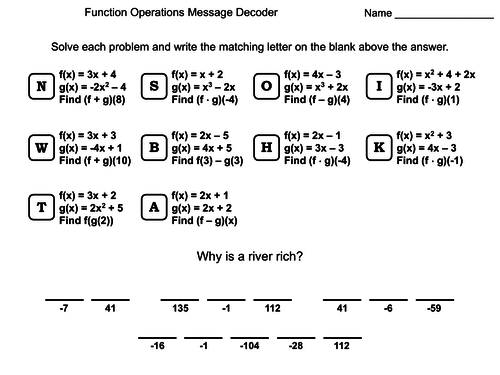 Function Operations Worksheet Math Message Decoder Teaching Resources