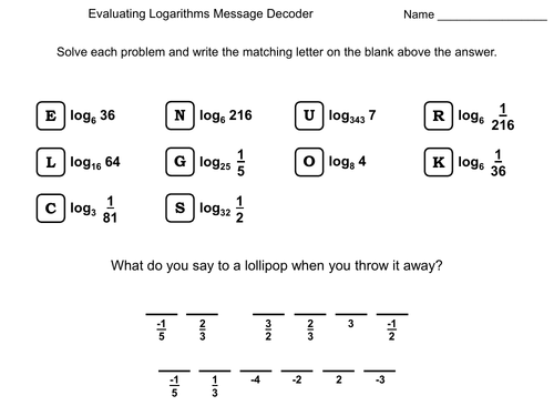 Evaluating Logarithms Worksheet: Math Message Decoder | Teaching Resources