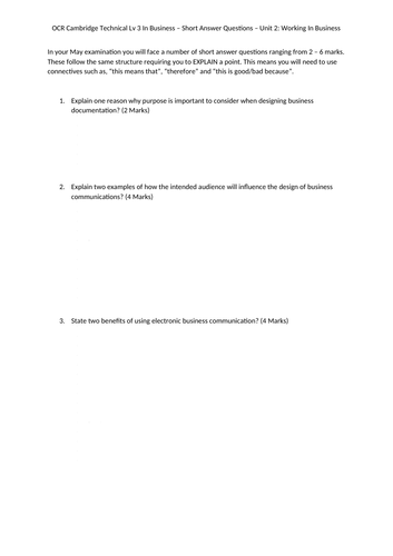 OCR Cambridge Technical Lv 3 in Business - Unit 2 Working in Business ...