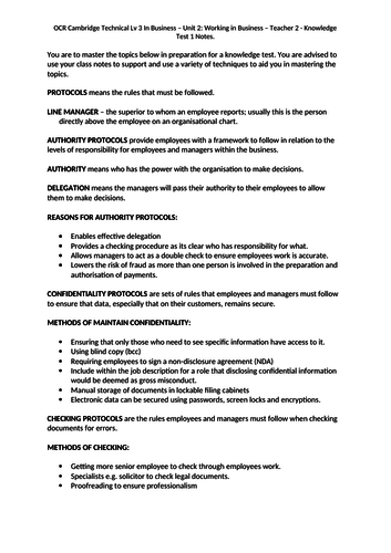 OCR Cambridge Technical Lv 3 Business - Unit 2 Working in Business ...