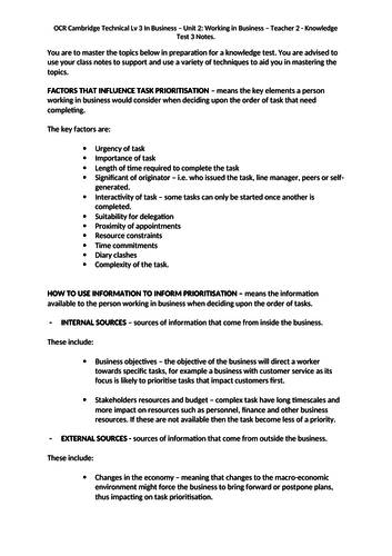 OCR Cambridge Technical Lv 3 Business - Unit 2 Working in Business ...