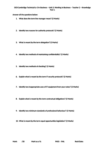 OCR Cambridge Technical Lv 3 Business - Unit 2 Working in Business ...