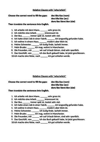 German Relative Clauses Worksheet Teaching Resources 4098