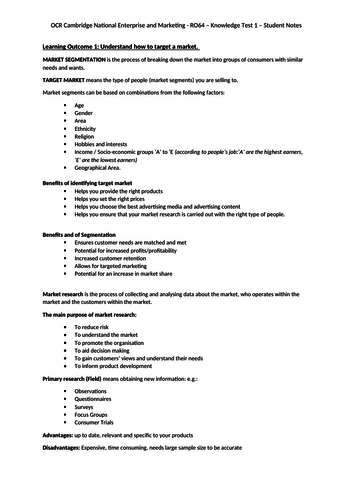 OCR Cambridge National - Enterprise and Marketing - RO64 - HOMEWORKS ...