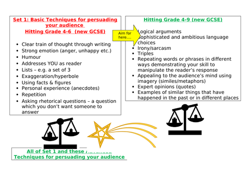 New GCSE (Grade 4-9) Persuasive technique bank for students (Useful for independent work/HW tasks)