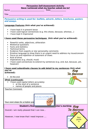 Persuasive Writing Self-Assessment Activity - includes FAR marking strategies