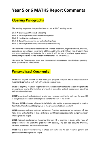 problem solving maths report comments