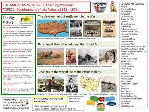 9-1 Edexcel History Learning/Topic Placemats for The American West- Topic 2
