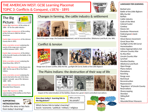 9-1 Edexcel History Learning/Topic Placemats for The American West- Topic 3