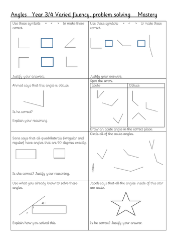 Greater depth Angles Fluency, Varied Fluency , Reasoning and problem solving 16 qs Y3/4 KS2 Geometry