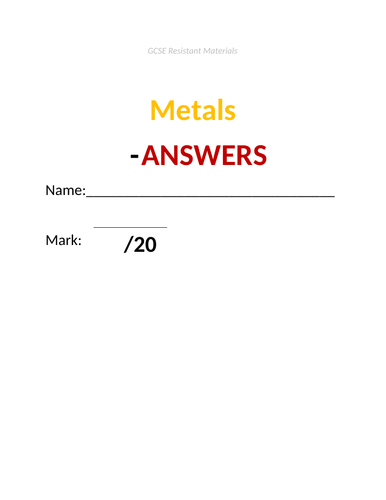 GCSE Resistant Materials ����Vlogt - Metal Material Properties & Selection (incl answers doc)