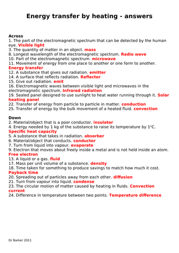 Energy Transfer by Heating Crossword and Answers Teaching Resources